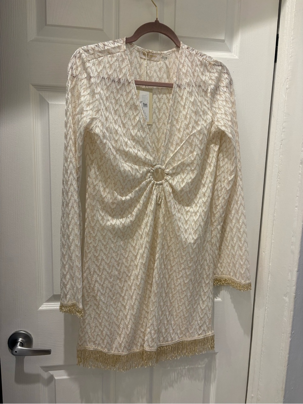 Ramy Brook Cassie Zig Zag Fringe Cover Up Dress White Gold Metallic Size M NWT - Picture 4 of 10